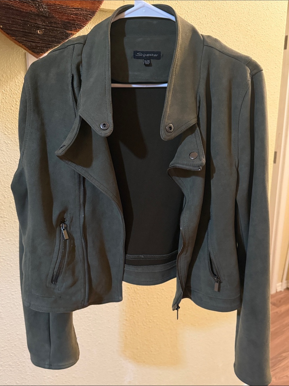 Shinestar Olive Green Suede-Look Moto Jacket